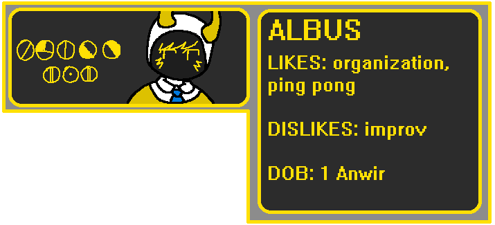 A black and yellow card. It reads ALBUS. LIKES: organization, ping pong. DISLIKES: improv. DOB: 1 Anwir.